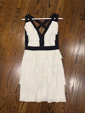 BCBG Max Azria -Chic Tiered Pleat V-Neck Dress in Black and White